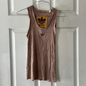 Royal plush tan beige ribbed sleeveless scoop neck tank top metal hardware logo
